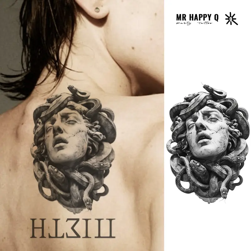 Temporary Tattoo Sticker Greek Mythology Theme Medusa Snake Hair Design Gothic Art Magic Tattoo Realistic Skin Waterproof Neck Arm Unisex Party Decoration