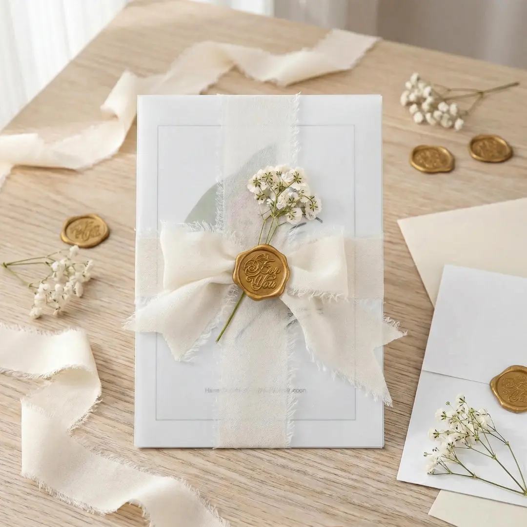 50 Pcs Translucent Prefolded 5x7 Invitation Vellum Jackets Office Stationery Kit - Handmade Frayed Edge Chiffon Ribbon, Self-Adhesive Gold 3D Wax Seal Stickers, Dried Flowers for Wedding Bridal Shower DIY Kits, Upscale Anniversary Announcements