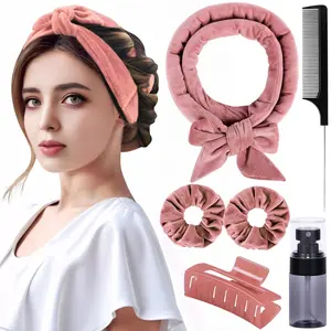 Heatless Velvet Hair Curlers to Sleep in Heatless Curls Overnight for Long Hair, No Heat Curling Rod Headband for Women All Hair Types -6 Pieces Set (Khaki)