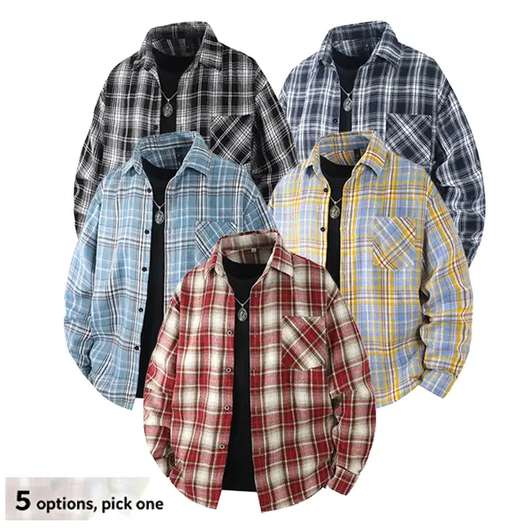 Men's Plaid Collared Longsleeve Flannel Shirt - Menswear Button-Up, Loose-Fitting Relaxed Casual Checkered Oxford Top, Soft Breathable Fabric