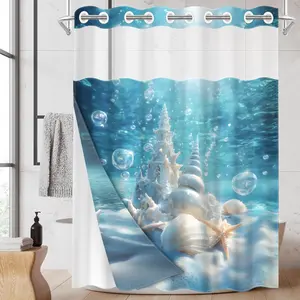 1PC/4PCS 2D Flat Printing Blue and White Dreamy Underwater Castle Patterned shower curtain, home bathroom decor, shower curtain set with 12 hooks, non-slip bathroom rug, U-shaped toilet seat cover, toilet seat mat.