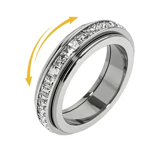 Anxiety Rings for Women and men Titanium Steel Spinner Fidget Band Rings Cubic Zirconia Relieving Anxiety Wedding Promise Lucky Rings Comfort Fit Size 5 to 10