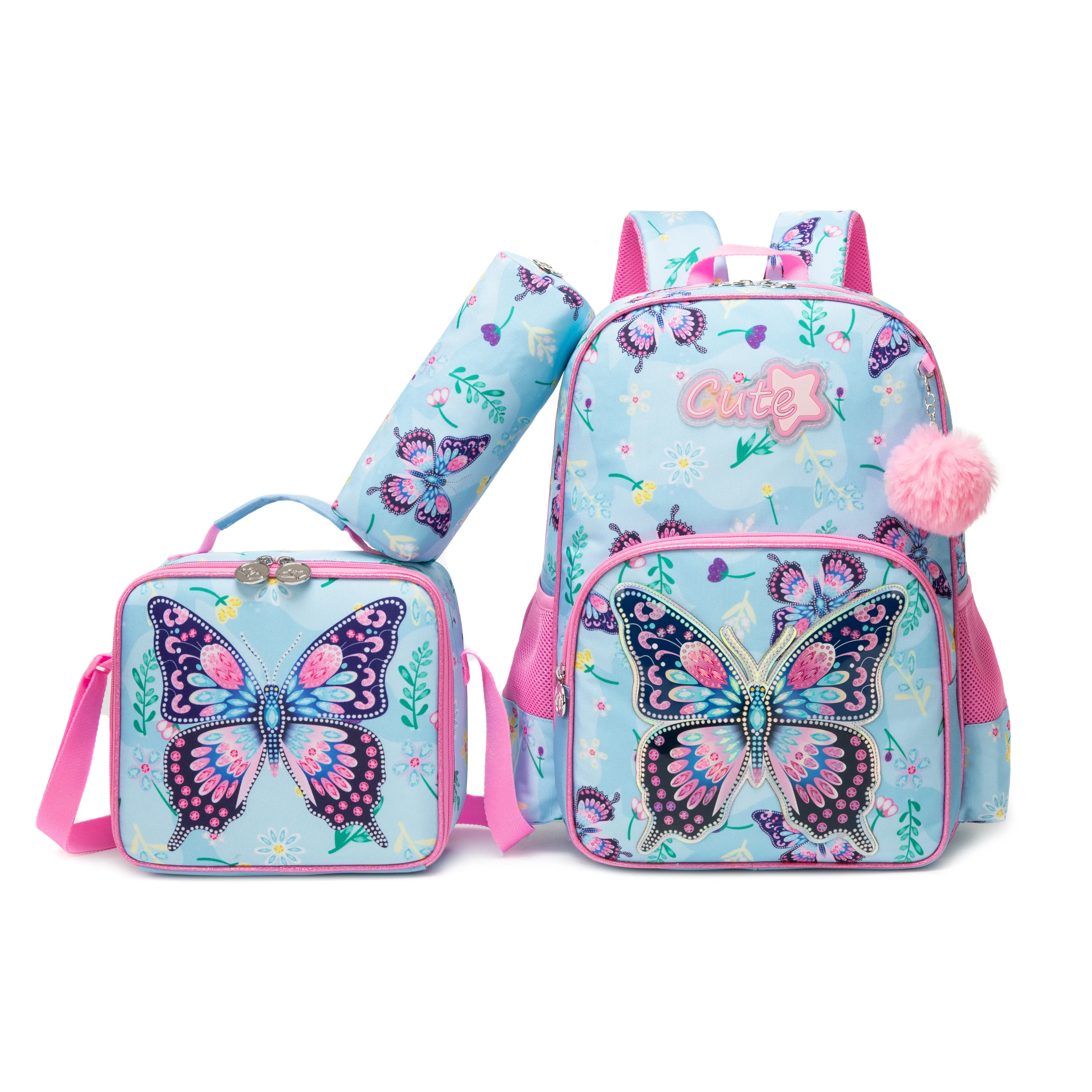 Girls' 3-Piece Kawaii Butterfly Backpack Set for School, Cute Floral Butterfly Allover Print Nylon Bag with Insulated Lunch Box, Zipper Case & Ergonomic Straps, Kawaii Backpack, Bag For School