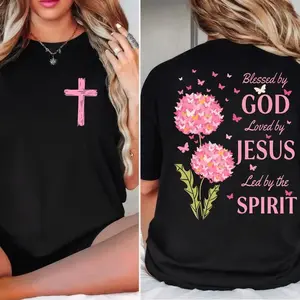 Blessed By God, Loved By Jesus, Led By The Spirit 2 Siđed Tee Cotton Casual Street Style Crew Neck Short Sleeve T-Shirt Tops Trendy for Women,shirts