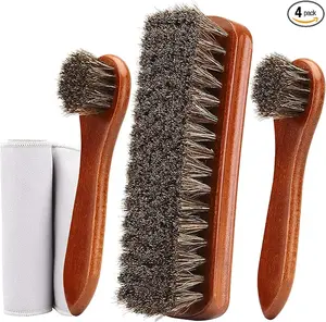 4-Piece Horsehair Shoe Brush Shine Kit, Shoe Polish Kit, Leather Shoes Boot Cleaning Brush Care Clean Dauber Applicators