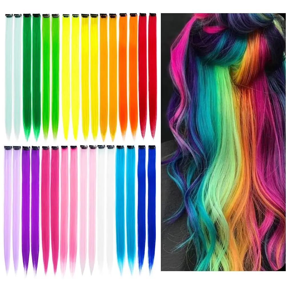 Funky Rainbow Synthetic Clip-in Hair Extensions for Girls, 32 Pack 22 Inch 16-Color Highlights with Snap Clips, Heat Resistant for Parties & Costume Wear