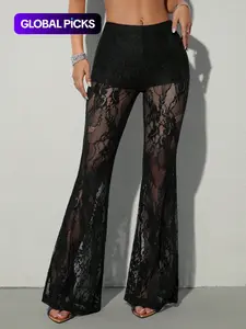 Women's Tight-Fitting Lace Floral Sexy Bell Bottom Leg Pants, Stylish and Comfortable Elastic High Waist Design, Perfect for Casual and Party Wear Womenswear Lady
