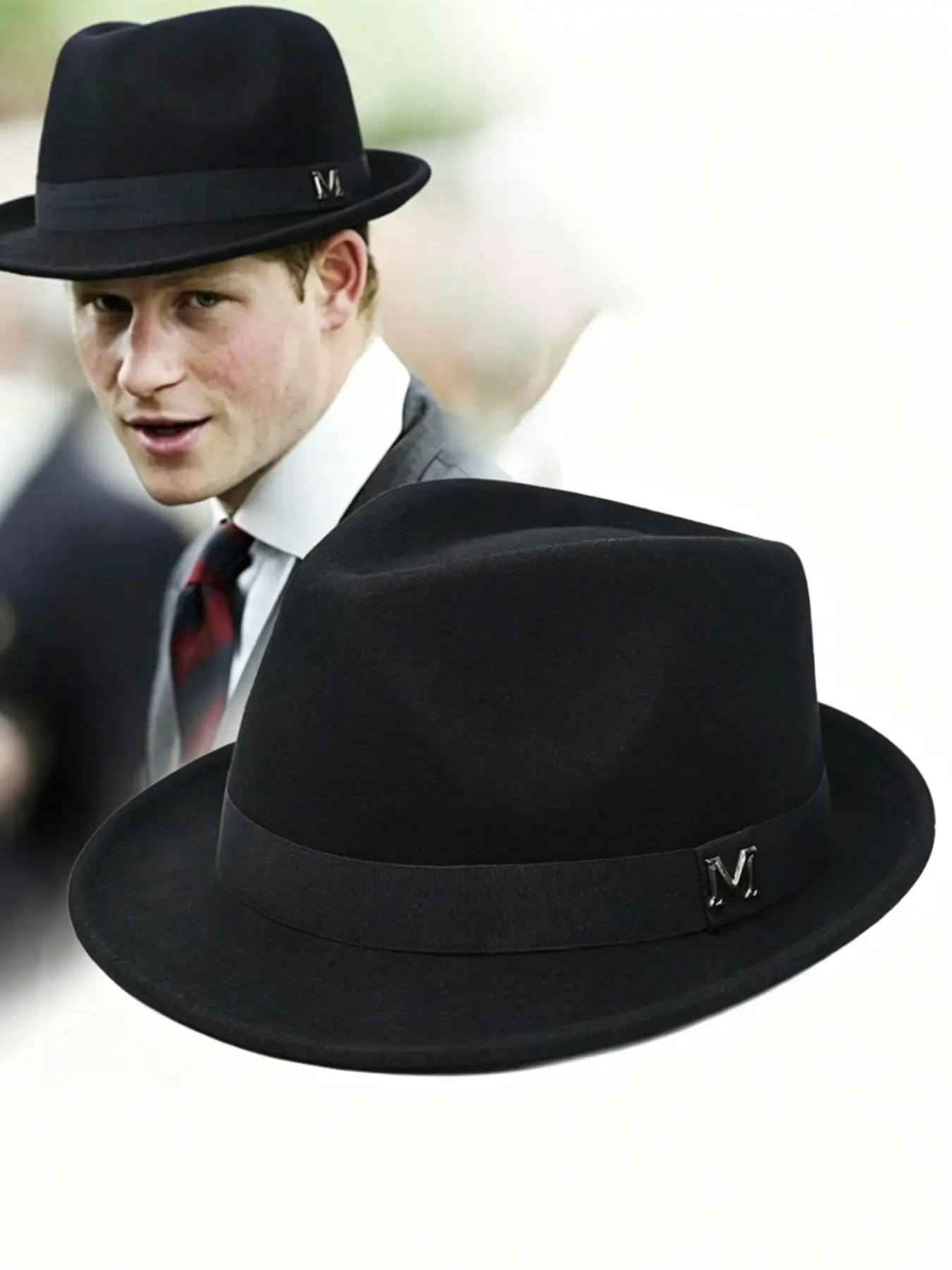 Classic Wool Blend Fedora Hat, Stylish Hat, Metal Letter M Decor, Wide Brim Formal Dress Hat, Dress Up Hat, Vintage Gangster Style, for Men Women