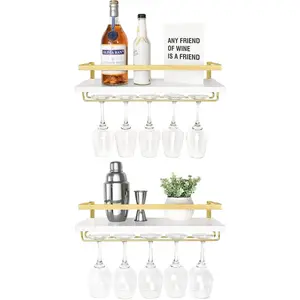 Wall Mounted Rack Set of 2 White Wood Wine Bottle Glass Holder Floating Shelves with Stemware Hanger Modern Plants Photos Wine Display Storage Holder for Kitchen Dining Room Bar, 17 Inch