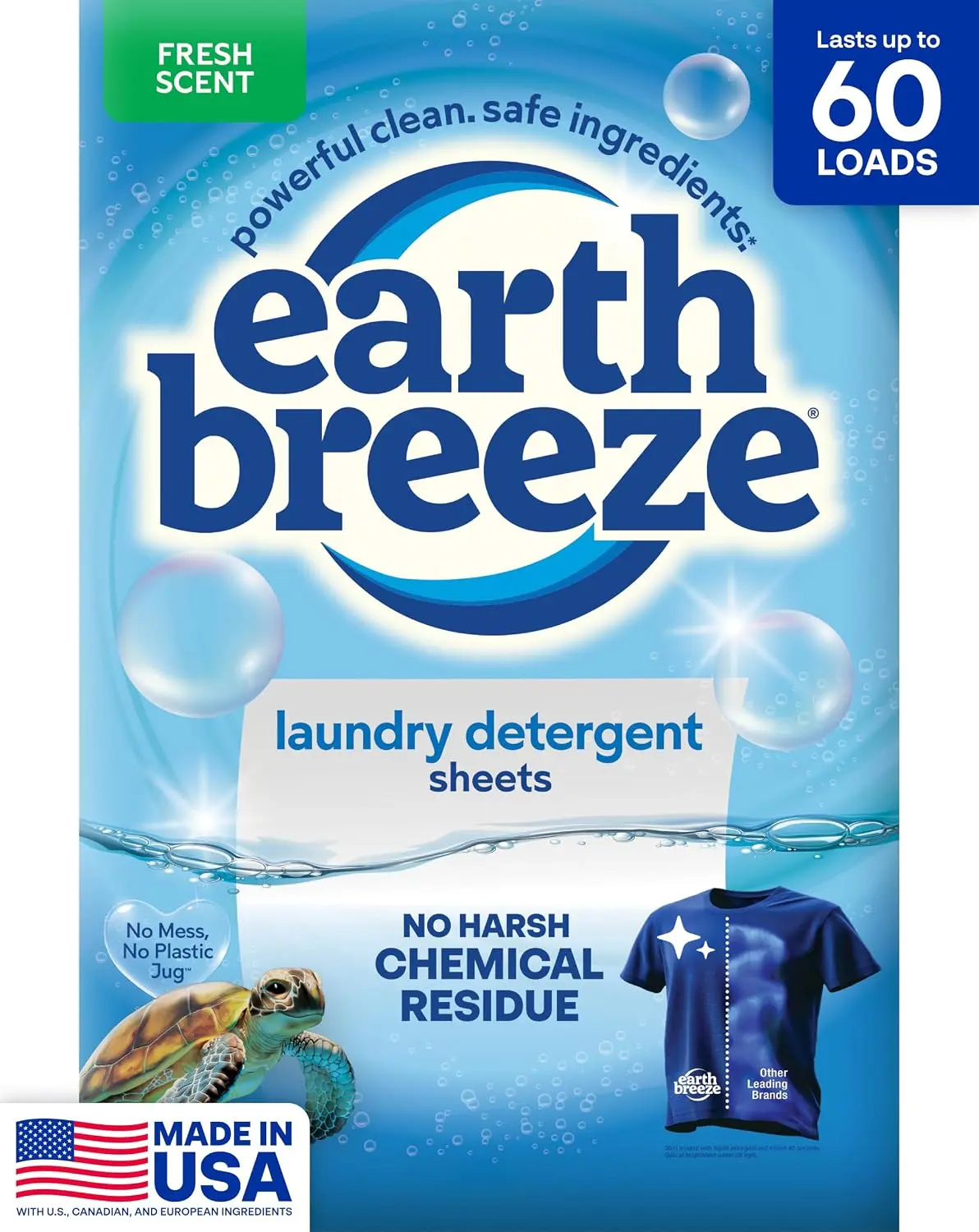 Earth Breeze Laundry Detergent Sheets Fresh Scent 60 Loads | Eco Liquidless Soap - Travel-Friendly for Hot & Cold Cycles, Tackles Tough Stains & Odors - Gentle on Skin