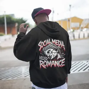 Unisex Social Media Killed Romance Drop Shoulder Cotton Hoodie, Casual Drawstring Pocket Hooded Sweatshirt, Graphic Street Hoodie