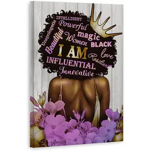 Black Queen Wall Art Poster African American Canvas Wall Art Black Women Purple Flowers Inspirational Quotes Poster Abstract Contemporary Canvas Prints Painting for Living Room Bathroom Bedroom Home Decorations Frame