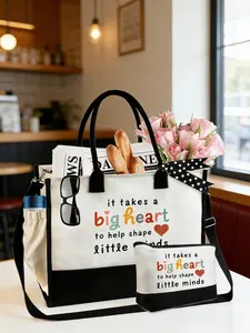 Large Capacity Handbag with Makeup Bag, Teacher Christmas Gift, Teacher Birthday Present, Women's Teacher Shoulder Bag, Heart Pattern, Personal Item Bag