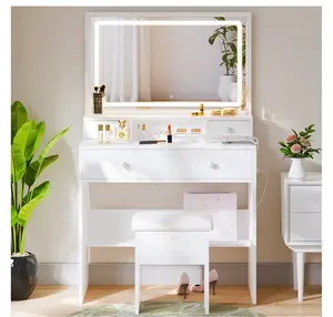 31" Vanity Desk with Mirror, LED Lights and Charging Station, Makeup Vanity with Storage Stool, Vanity Set for Bedroom, White