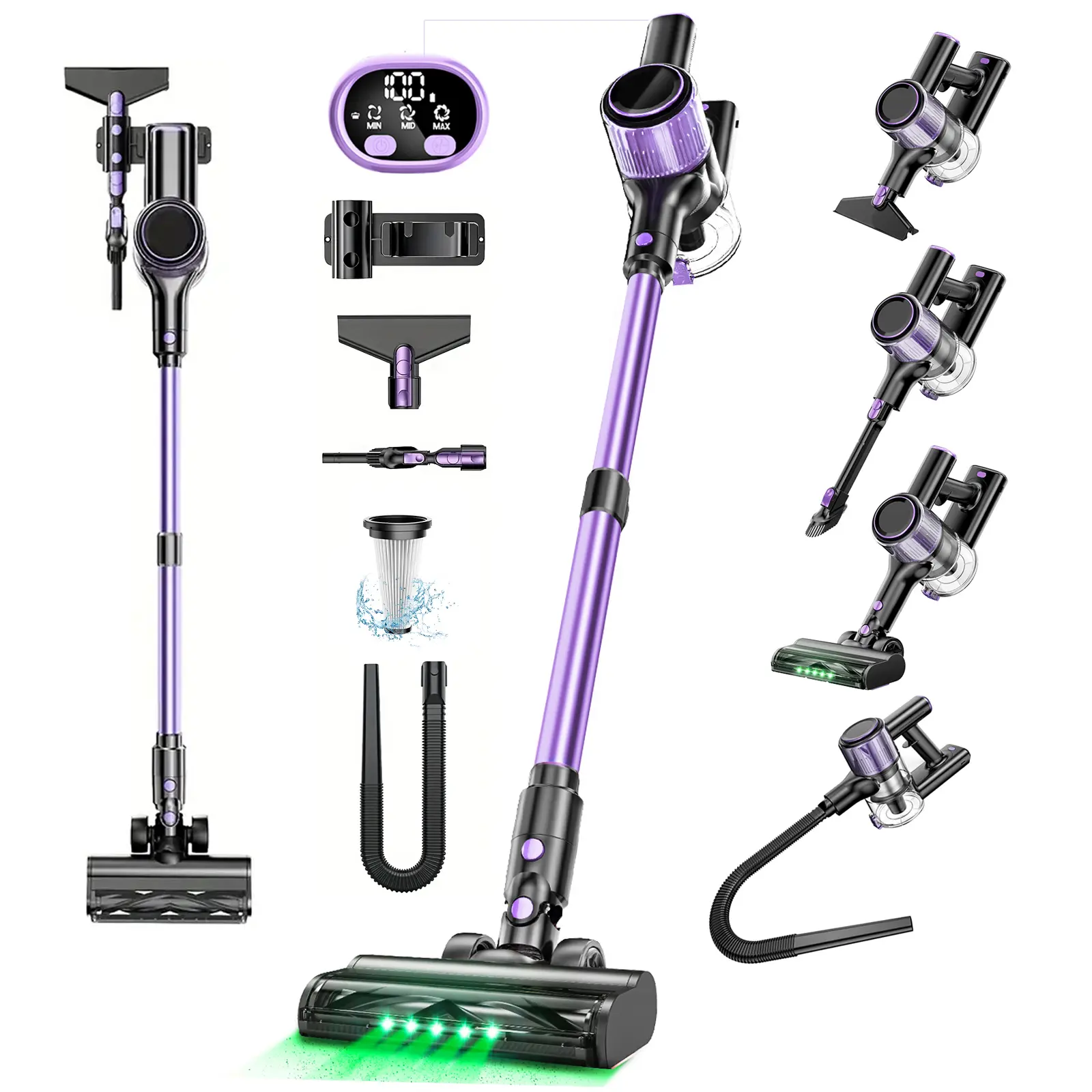 VICEASE Vacuum Cleaner, 3 Power Modes, Anti-Tangle Brush & Green LED, 10-in-1 Cordless Vacuum for Hard Floor/Carpet/Pet Hair/Car/Dryer summerwins