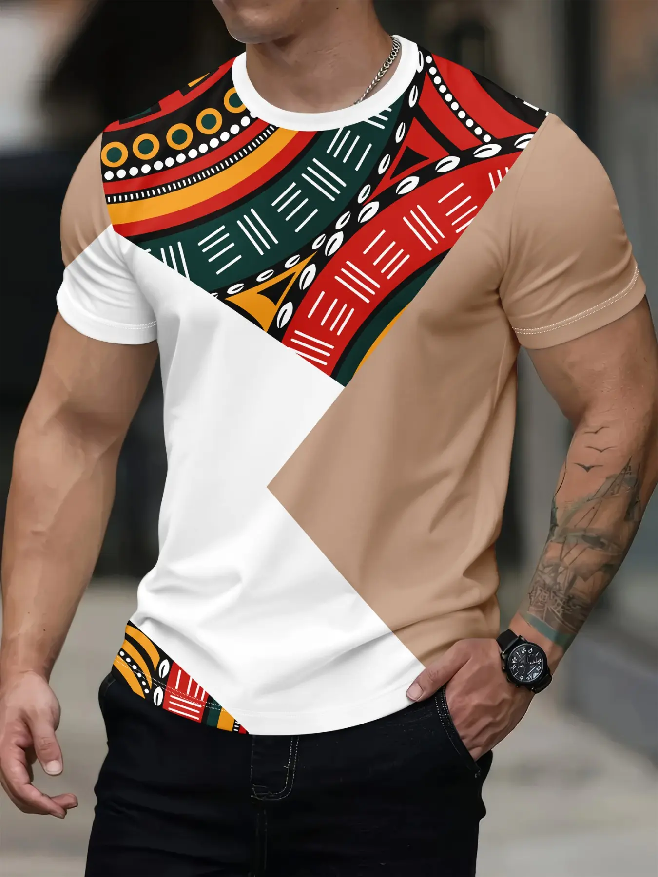 Men's Loose-Fit T-Shirt, Dashiki Inspired Modern Tribal Print, Bohemian Streetwear Shirt, Casual Long Sleeve Top, All-Season Wear