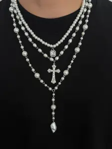 Vintage Multi-Layer Imitation Pearl Elegant Beaded Necklace Set, Luxurious Fashion Accessory for All Seasons, Street Style Jewelry