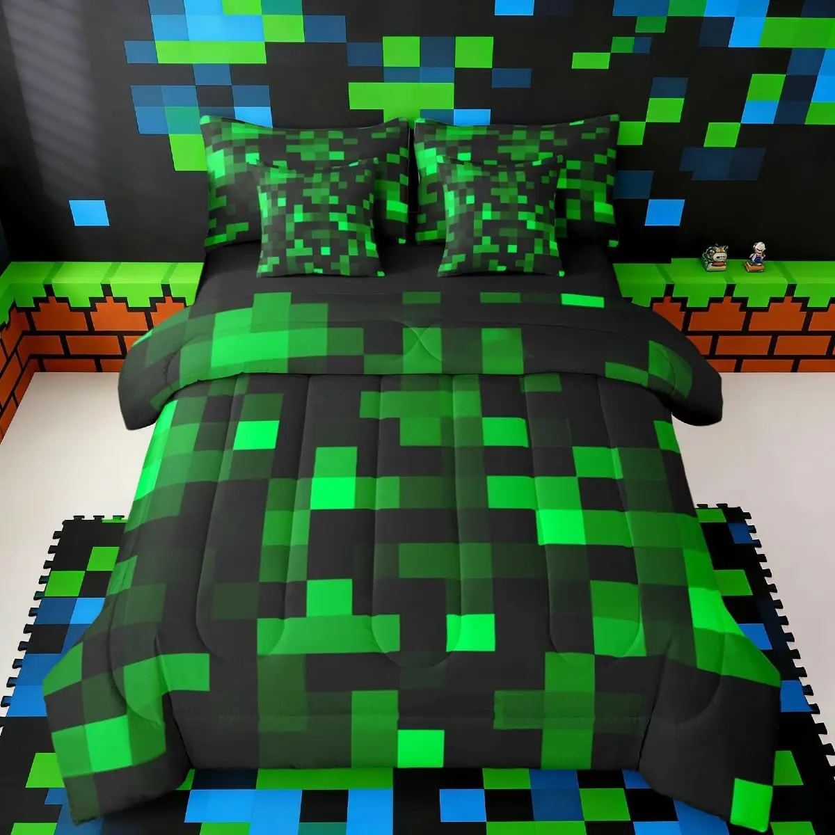 Pixelated Neon Green Black Comforter Set with Sheets，Pillowcases & Cushion Cover 7 Piece Bedding Set Super Soft Bedroom Decor Gamepad Grid Bed in a Bag