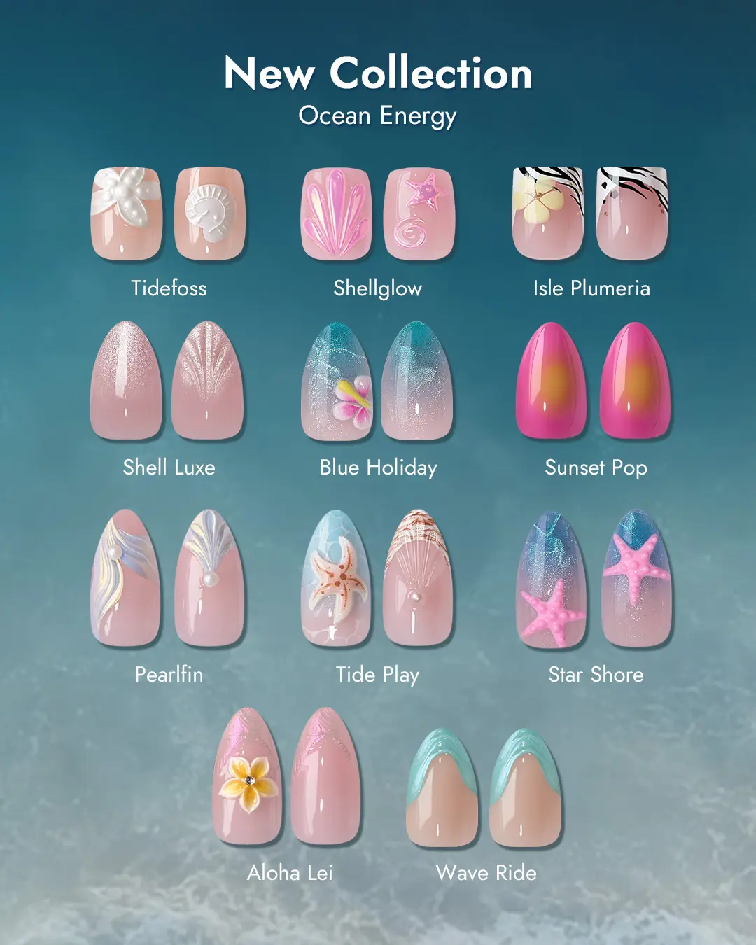 BTArtbox Press On Nails - Ocean Energy Short Press On Nails with Glue for Women, Square or Almond Opaque Soft Gel Glue On Nails in 16 Sizes - 32 Stick On Nails Kit