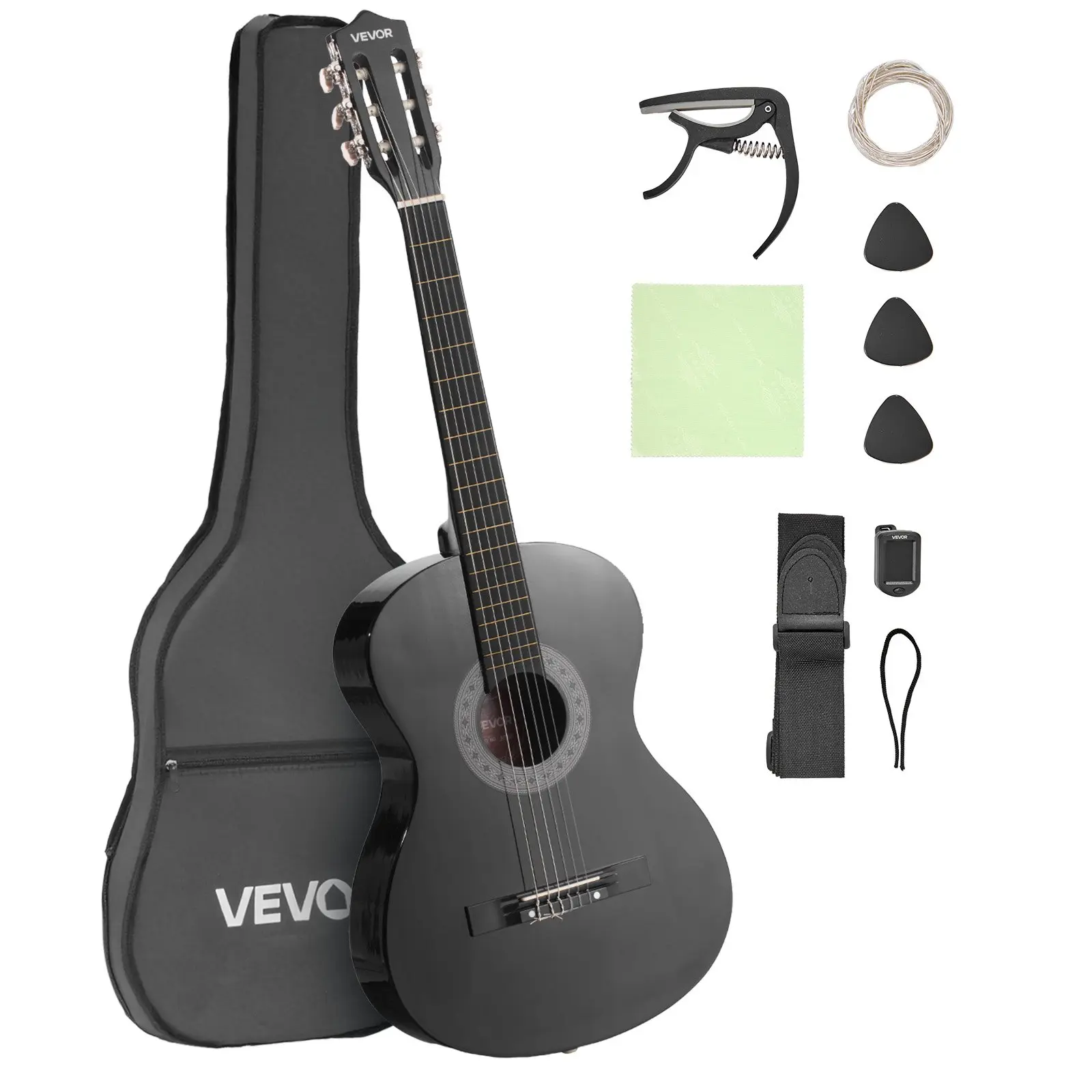 VEVOR 38-Inch Basswood Classical Guitar Starter Kit for Beginners - Nylon Strings, Gig Bag, Strap, Tuner, Extra Strings, Picks, Capo, Black