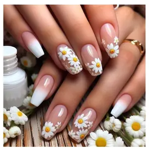 CHRISTMAS GIFT 24 Pcs White Flower Press On Nails – Short Coffin Fake Nails with Summer Daisy Design, Nude White Gradient Full Cover Stick-On Nails, Floral Glue-On Artificial Nails for Women