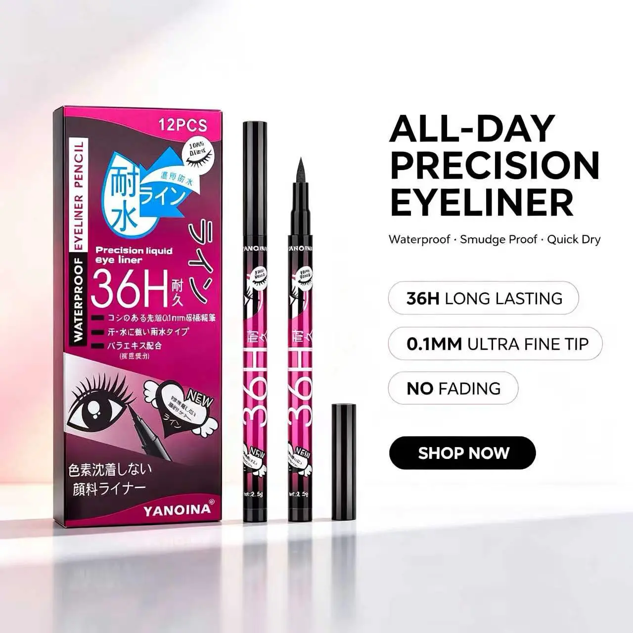 Yanqina Waterproof Liquid Eyeliner Pen - 36H Long-Lasting, Smudge-Proof, Precision Fine Tip, for Daily & Cosplay Makeup, All Skin Types (Black, Brown), 36H Waterproof