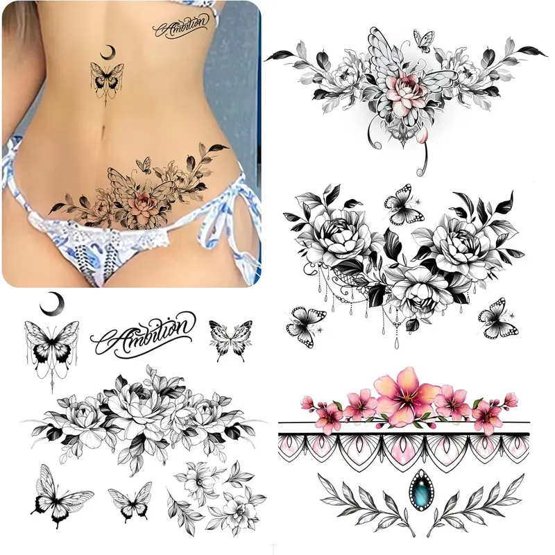 sexy temporary tattoos for women,sexy tattoo kit, beautiful and exquisite,3D realistic flowers, butterflies, abdomen, chest, waist and back apply false tattoos for girl (Design 3)