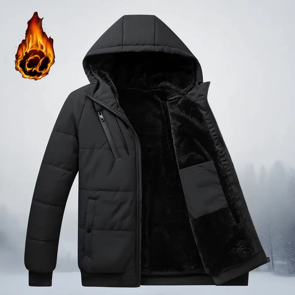 TJL Men's Thicken Puffer Jacket Padded Waterproof Warm Winter Coat with Hood Black Flame Design Menswear Hoodie Long Sleeve Tops Casual