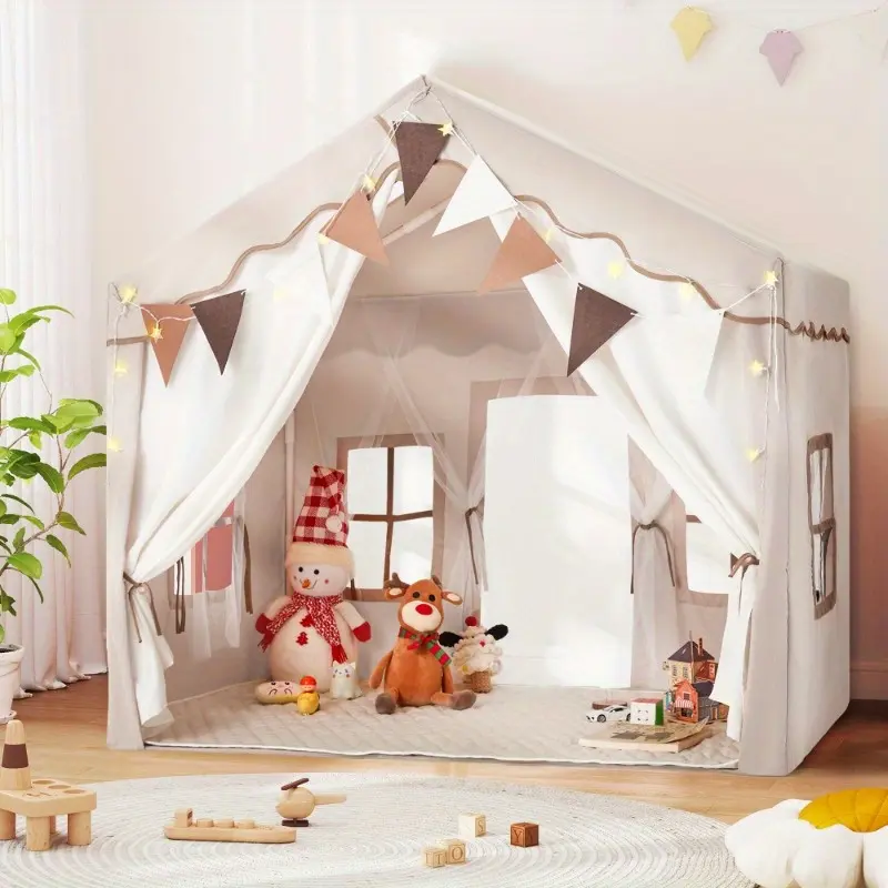 Kids Tent Playhouse with LED Star Light & Padded Mat, Large Indoor Playhouse for Boys & Girls, Play Tent for Kids Ages 3, Yellow, Pink, Beige
