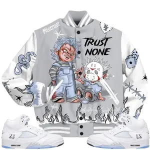 Retro White Metallic 5s Outfits Varsity Jacket, Scary Trust No One Unisex T-Shirts To Match Sneakers Streetwear