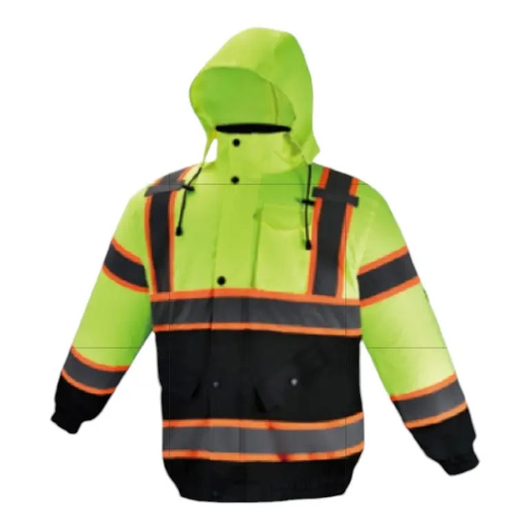 Men's Waterproof Bomber Jacket - Work Safety Coat with Sherpa Liner, Detachable Hood, Zippers, Reflective Safety Vest Feature, American True Sizing, Stylish Long Sleeves, Outdoor Use