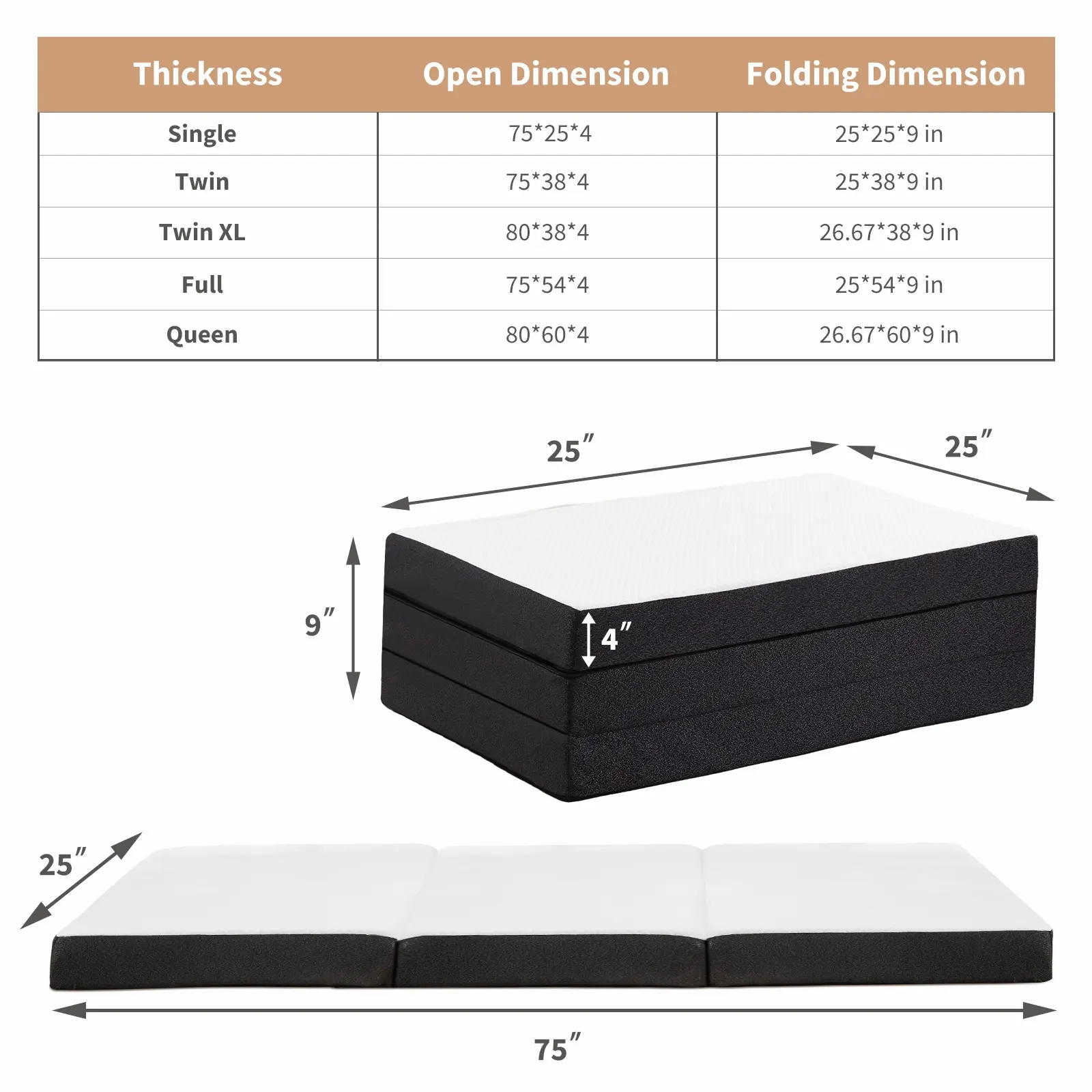 MCQ Tri-Fold Memory Foam Mattress, Versatile Portable & Foldable Bed with Washable Cover for Camping, Guest Room,White, 3Inch/4Inch