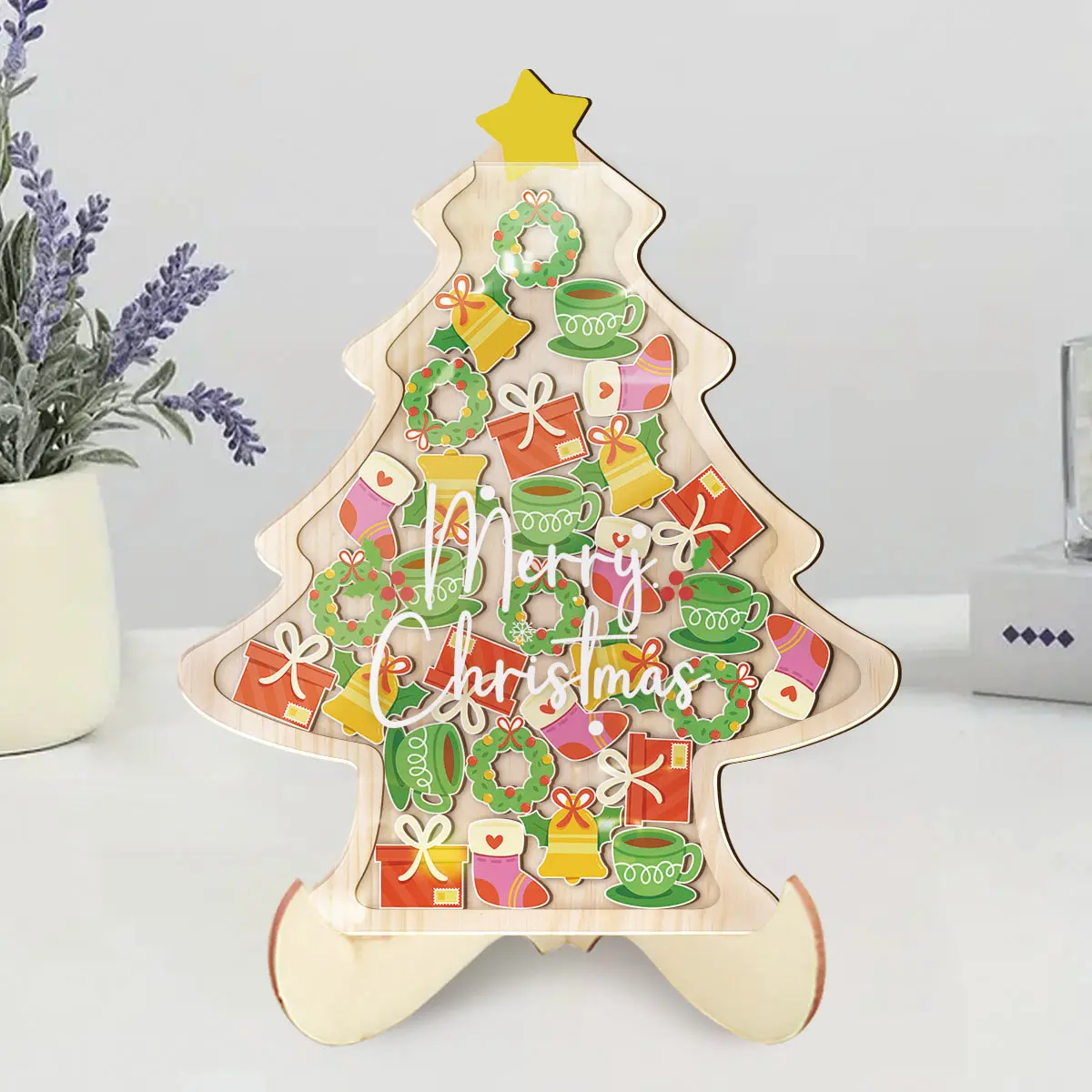 1 Set Reward Jar Wooden Christmas Tree-Shaped Reward Jar with 30pcs Colorful Cute Wreath Hot Cocoa Accessories Behavior Achievement Encourage Reward System Creative Teacher Classroom Behavior Management Tool Desk Decor Christmas Gift