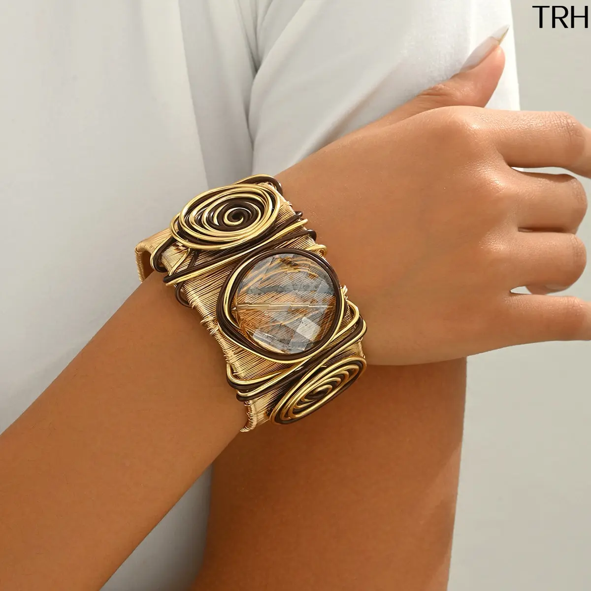 Women's Vintage Wide Open Cuff Bangle - Handmade Spiral Wire Wrapped Crystal Stone Jewelry, Boho Statement Piece for Bohemian Outfits, Daily Use