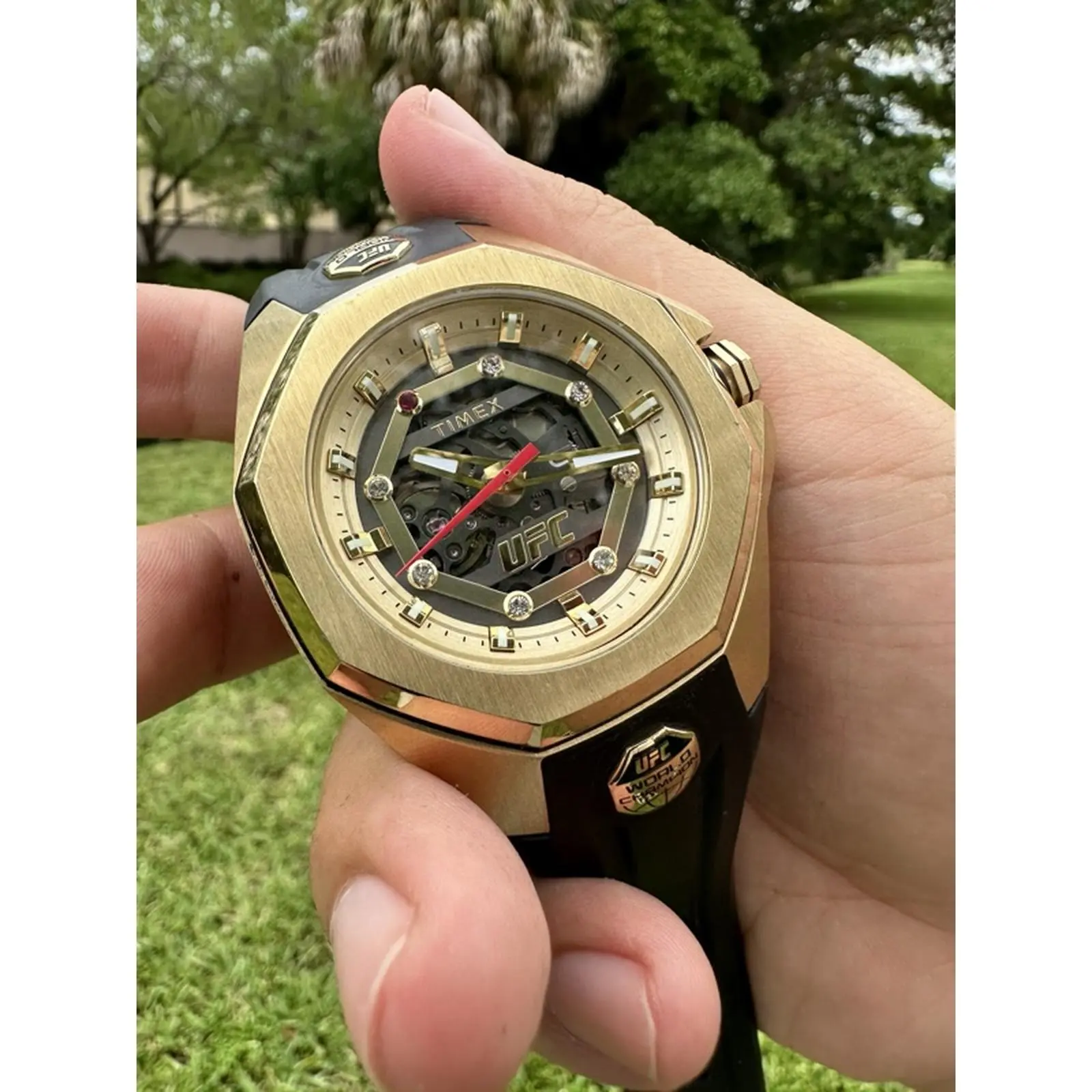 Timex UFC Pro World Champion Edition Men's Automatic Watch TW2V86500 Gold-Tone Case Black Dial Open-Heart Design Water Resistant