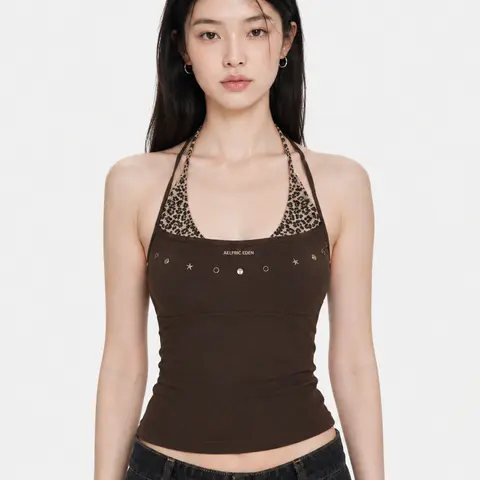Aelfric Eden Leopard Halter Studded Cami Top Slim Fit Contrast Leopard Print Panel & Studded Detail Halter Neck Tie Casual Y2K Retro Streetwear Top
