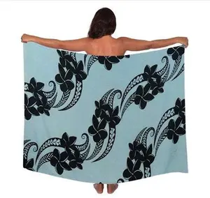 2 YARDS HAWAIIAN PRINT RAYON SARONG - Black Tribal Plumeria
