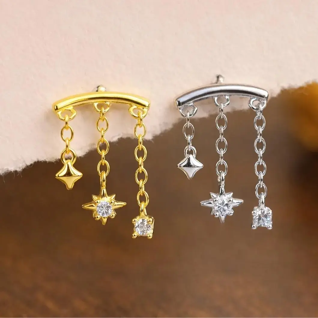 Dangle Chain Earring,  Helix Piercing Jewelry, Sterling Silver Earrings, Flat Back Earrings, Celestial Earrings, Hidden Helix Flat back Earrings