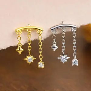 VERTICAL Helix Dangle Chain Earring, Hidden Helix Flatback Earrings, Helix Piercing Jewelry, Sterling Silver Earrings, Flat Back Earrings