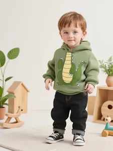 Baby Boys' Dinosaur Print Hooded Sweatshirt, Autumn Winter New Style Fleece Lined Pullover, Comfortable Casual Wear for Kids