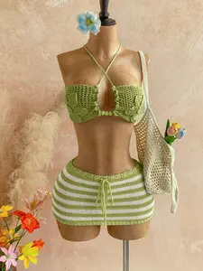 Women’s 2-Piece Soft Feminine Lightweight Knit Set - Adjustable Halter Top, Tie Backless Crop Top, Drawstring Mini Skirt, Breathable Beach Vacation Outfit