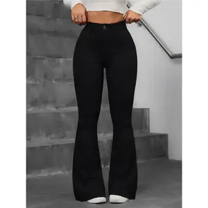 Women’s high-waisted slim-fit bell-bottom jeans — vintage washed solid black denim pants with elastic button closure, durable fabric machine washable for all seasons, classic retro style for casual and formal occasions, versatile mature women’s trousers