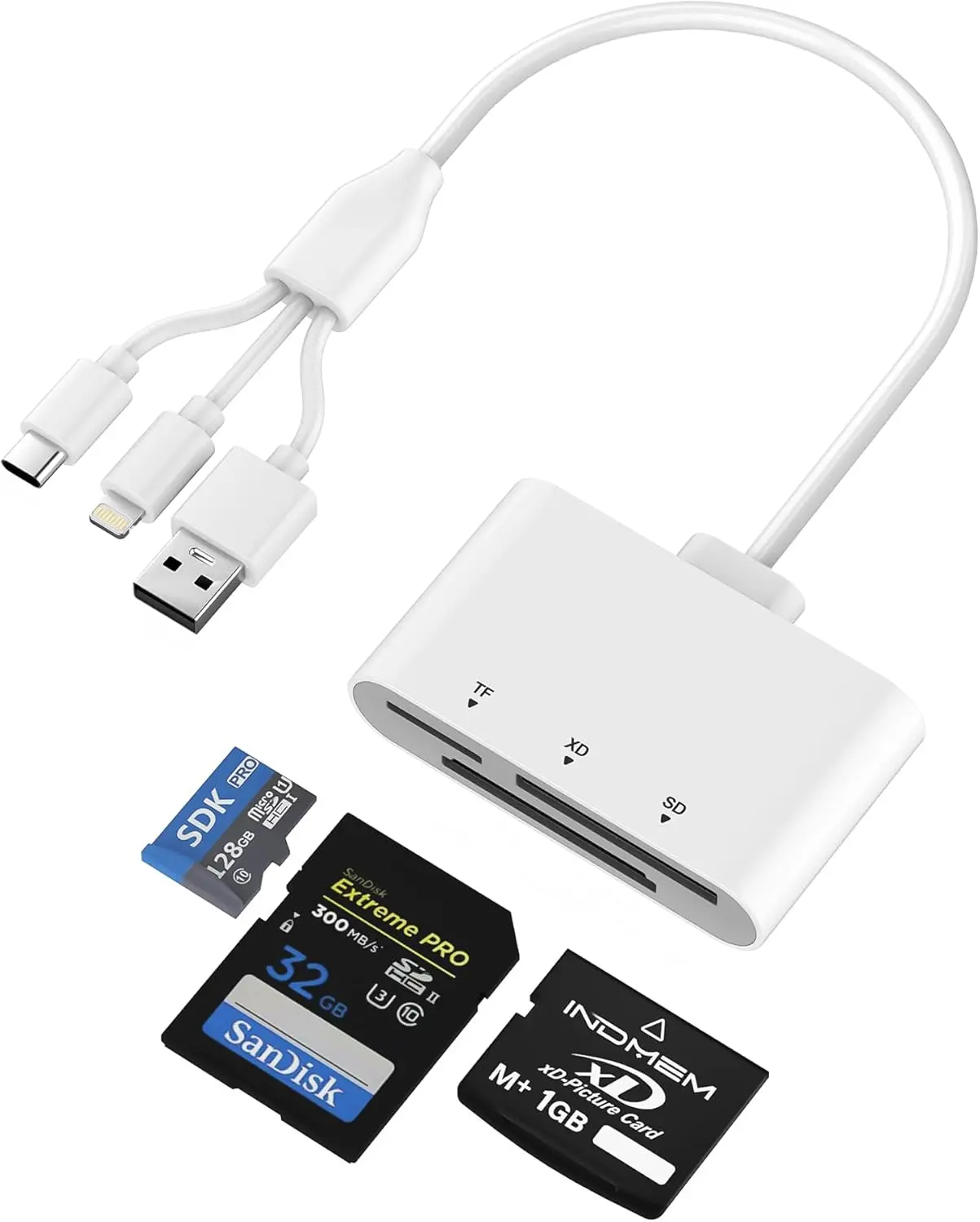3-in-1 SD Card Reader for iPhone with Lightning/USB-C/USB-A, XD/SD/MicroSD Memory Card Adapter up to 2TB, Compatible with iPhone 17/16/15/14, iPad, Android, MacBook, PC, Camera & Drone