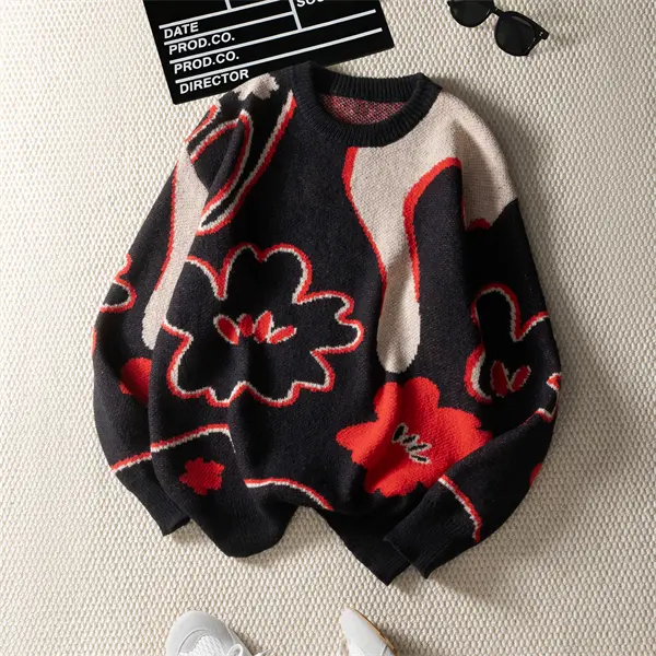Men's Classic American-Style Loose-Fit Crew Neck Long-Sleeve Pullover Sweater - Flower Jacquard, Color Block, Skin-Friendly, Breathable Polyester Menswear Tops for Jeans Pairing, Knitwear