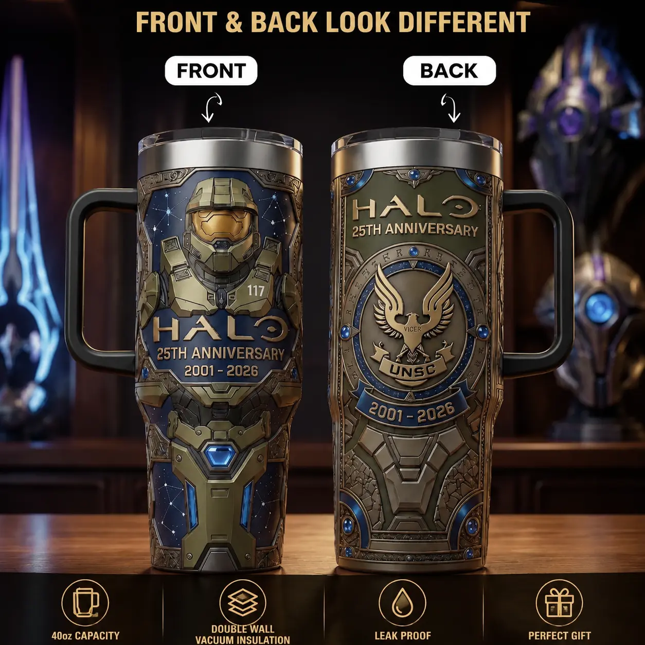 HALO 25th Anniversary 2D Flat Black Handle 40oz, Legends Never Die, Halo merch unique cup - scs18719 HALO 25th Anniversary 2D Flat Black Handle 40oz, Legends Never Die, Halo merch unique cup - scs18719