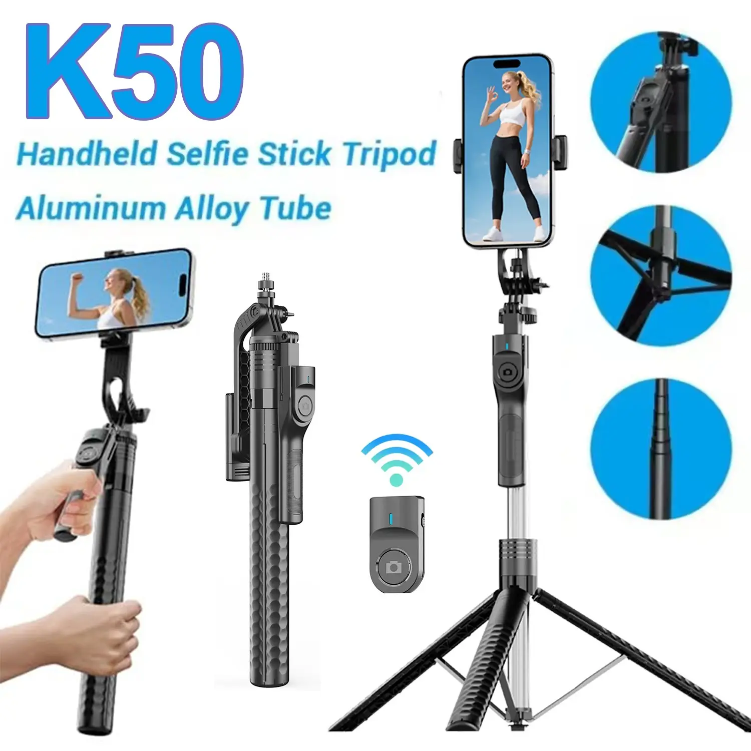 K50 Extendable Phone Tripod Selfie Stick, Smartphone, Max Extension 74.8 Inches, 360° Rotation, Wireless Remote Control, Portable, Foldable, Bluetooth-compatible Compatible, Smartphone Camera Accessories