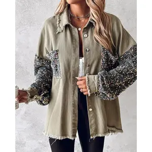 Contrast Sequin Raw Hem Shacket Fit Womenswear Jackets
