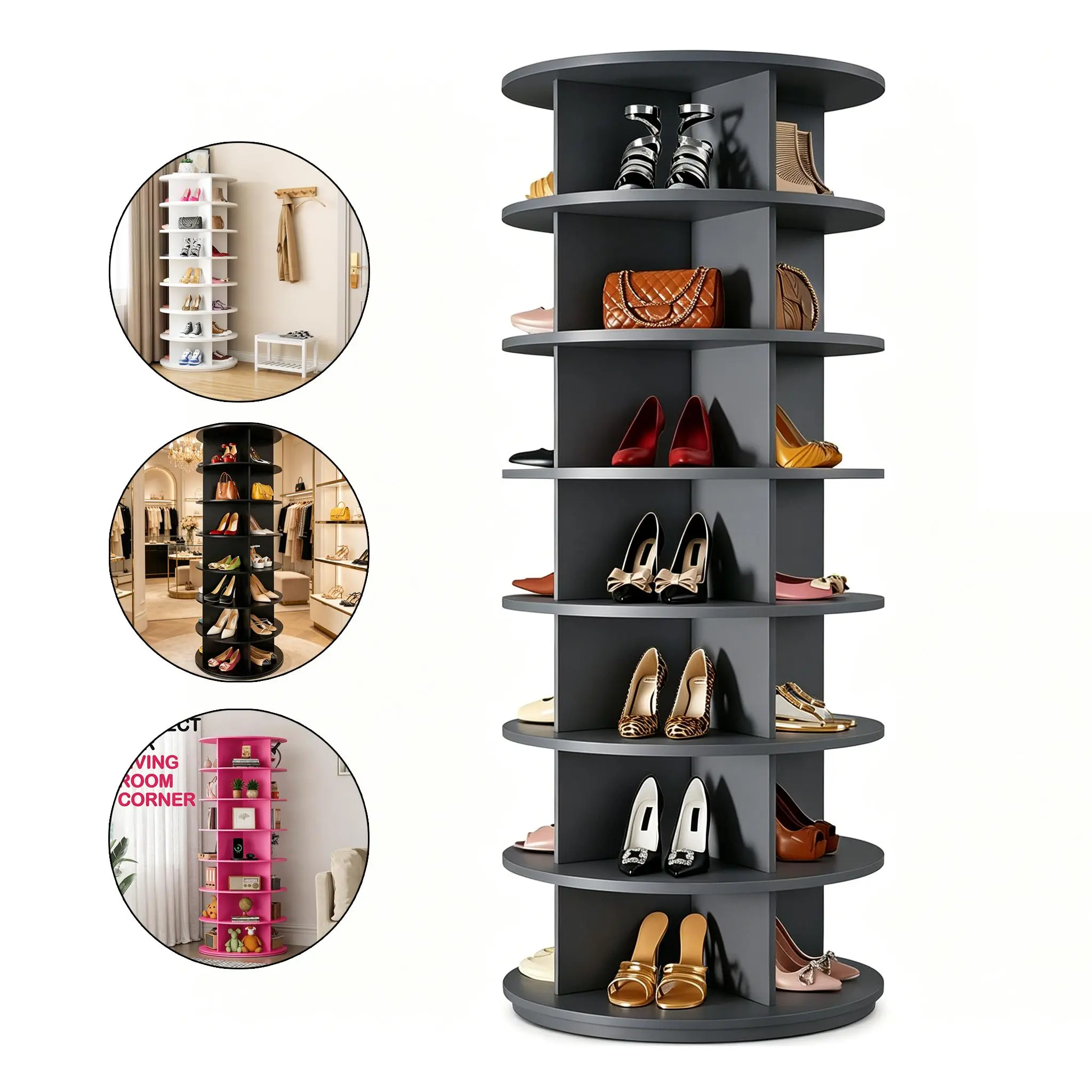 【Deals for You Days】ZUVV Rotating Shoe Rack Tower, Spinning Shoe Display Lazy Susan, Revolving 360 Shoe Rack Storage Round Carousel, Vertical Handbag Rotate Shoes Closet Organization