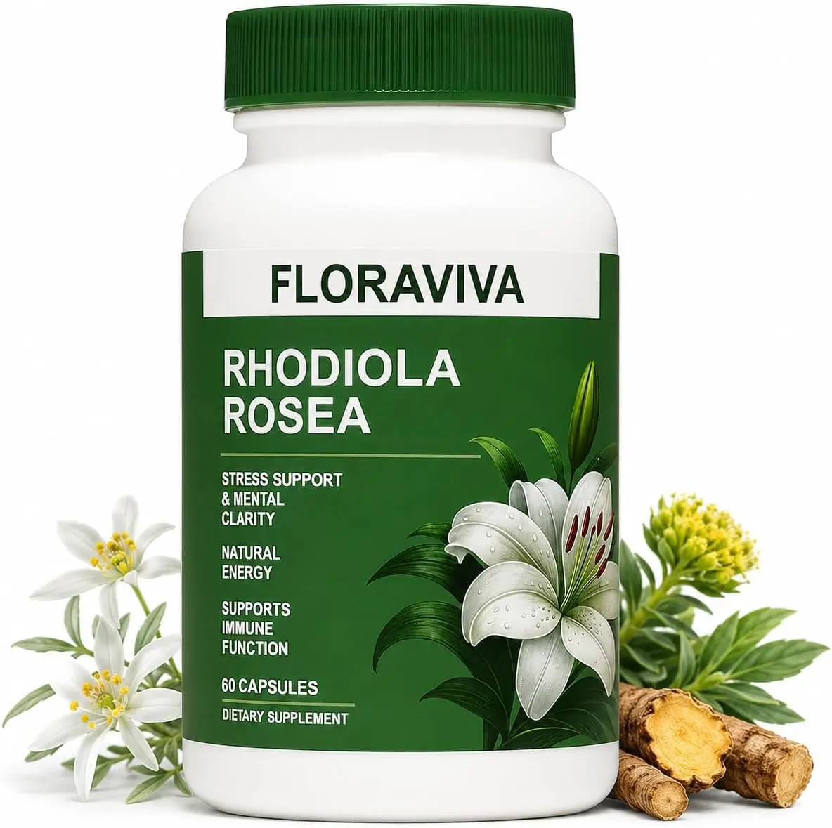 Floraviva Rhodiola Rosea Adaptogen Dietary Supplements, Natural Non-GMO Daily Wellness Capsules - Focus Fuel for Brain Health, Easing Anxious Feelings, Delivering Steady Energy & Stress Support