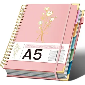 Hardcover Spiral Notebooks 6.1" X 8.4" Note Taking 5 Subject Notebook College Ruled with Dividers 240 Pages 100GSM Aesthetic Spiral Notebook for Work School Cute Journals for Women Writing,